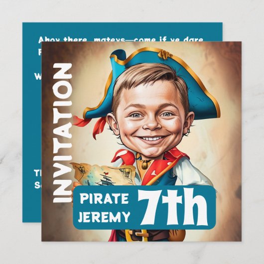 Custom Turquoise Pirate 7. Geburtstagskarikatur Einladung (Vorne/Hinten)