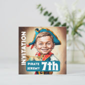 Custom Turquoise Pirate 7. Geburtstagskarikatur Einladung (Stehend Vorderseite)