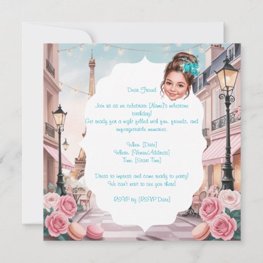 Custom Turquoise Sweet 16 in Paris Einladung (Rückseite)