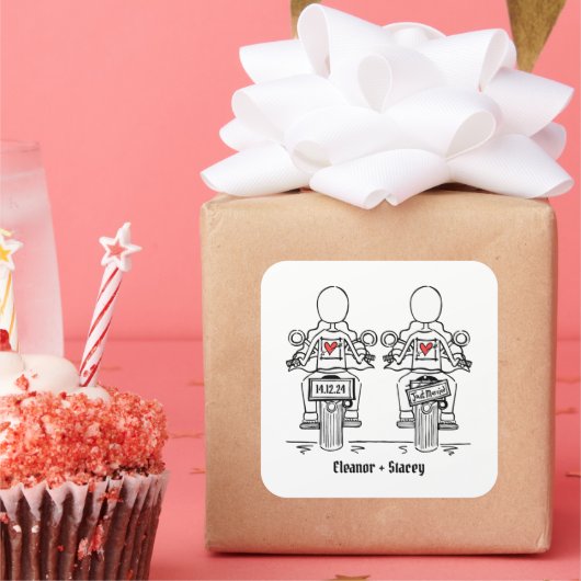 Custom Two Brides Biker Motorrad Abend Hochzeit Quadratischer Aufkleber (Party)