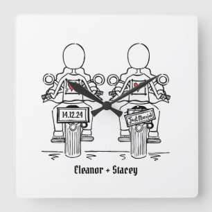 Custom Two Brides Biker Motorrad Hochzeit Quadratische Wanduhr