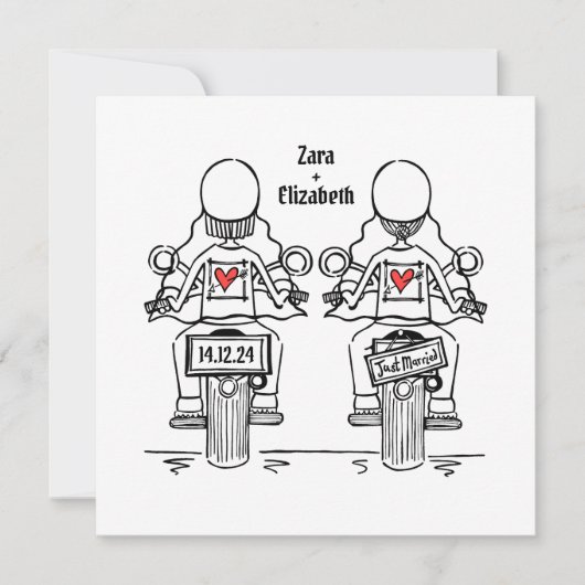Custom Two Brides Biker Motorrad Lesbian Hochzeit Einladung (Vorderseite)