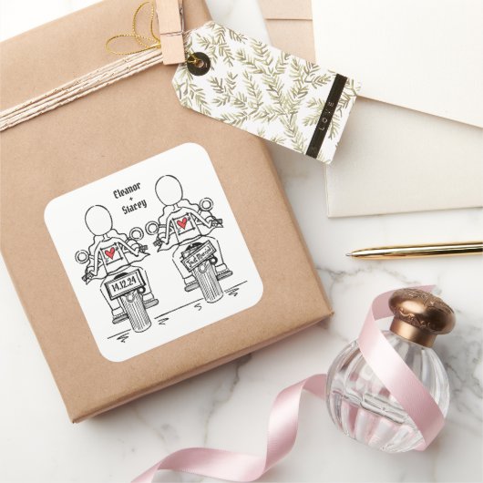 Custom Two Brides Biker Motorrad Lesbian Hochzeit Quadratischer Aufkleber (Schenken)