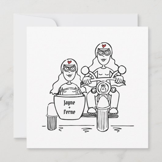 Custom Two Brides Motorrad und Sidecar Abend Einladung (Vorderseite)