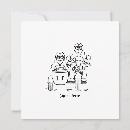 Custom Two Brides Motorrad und Sidecar Wedding Einladung (Vorderseite)