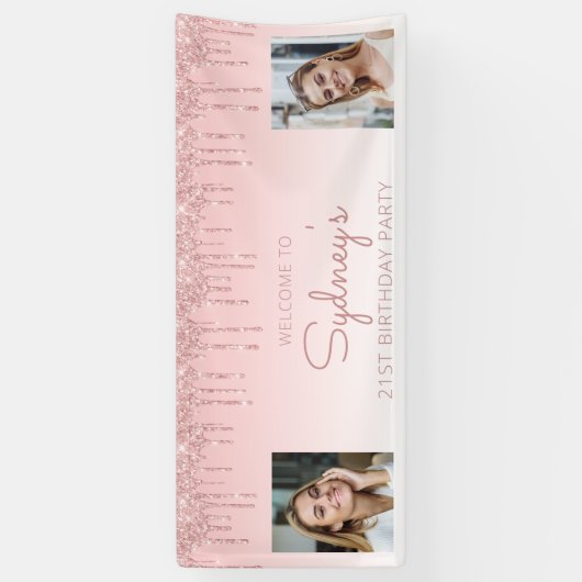 Custom Two Foto Pink Glitzer Tropfen 21. Geburtsta Banner (Vertikal)