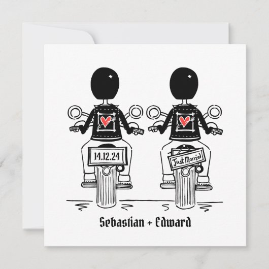 Custom Two Grooms Biker Motorrad Gay Wedding Einladung (Vorderseite)
