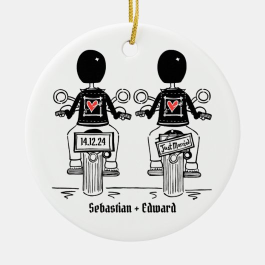 Custom Two Grooms Biker Motorrad Hochzeit Keramik Ornament (Vorne)