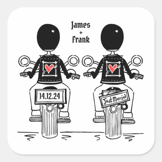 Custom Two Grooms Biker Motorrad Hochzeit Quadratischer Aufkleber (Vorderseite)