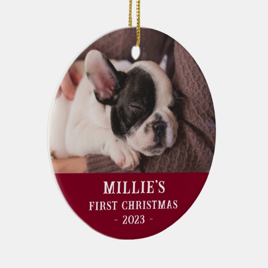 Custom Two Side Blue First Christmas Puppy Foto Keramik Ornament (Rechts)