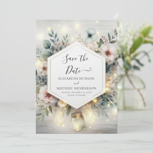 Custom Typografie Mason Jar Wedding Save The Date (Stehend Vorderseite)