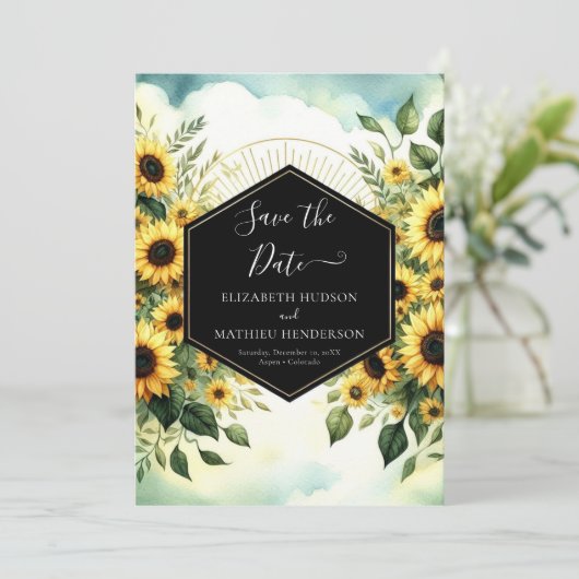 Custom Typografy Sunflower Wedding Save The Date (Stehend Vorderseite)