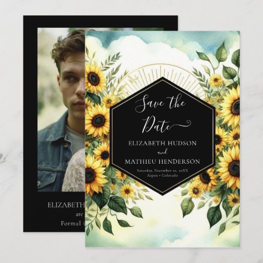 Custom Typografy Sunflower Wedding Save The Date (Vorne/Hinten)