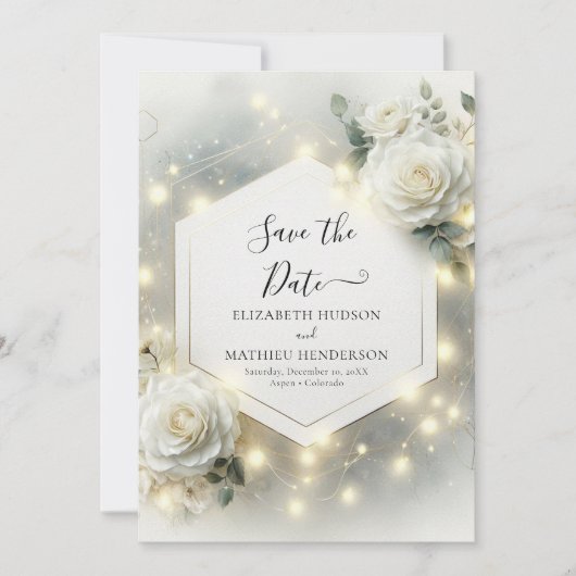 Custom Typografy White Roses Wedding Save The Date (Vorderseite)