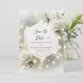 Custom Typografy White Roses Wedding Save The Date (Stehend Vorderseite)
