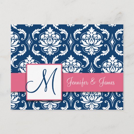 Custom UAWG Pink Navy Damask Hochzeitskarte Einladungspostkarte (Vorderseite)