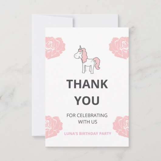 Custom Unicorn Cute Pink Birthday Party  Dankeskarte (Vorderseite)