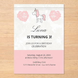 Custom Unicorn Cute Pink Birthday Party Invitation Acryleinladungen