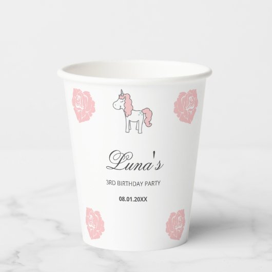 Custom Unicorn Cute Pink Birthday Party  Pappbecher (Vorderseite)