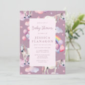 Custom Unicorn Rainbow Balloons Pink Baby Shower Einladung (Stehend Vorderseite)