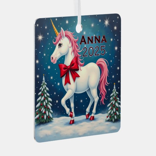 Custom Unicorn Red Bow Ornament Aus Metall (Vorderseite Rechts)
