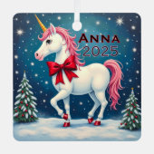 Custom Unicorn Red Bow Ornament Aus Metall (Vorderseite)