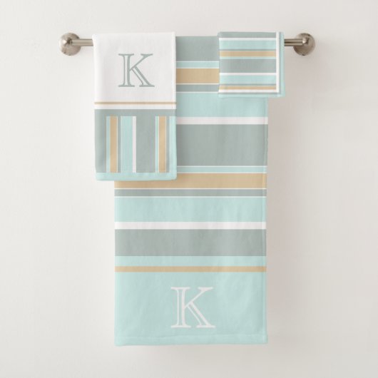 Custom Unique Seafoam Green White Tan Strip Art Badhandtuch Set (Insitu)