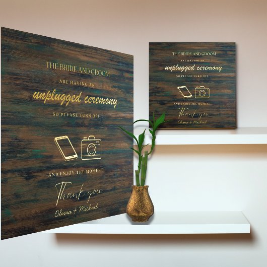 Custom Unplugged Zeremonie Wedding Sign WOOD GOLD Foliendrucke