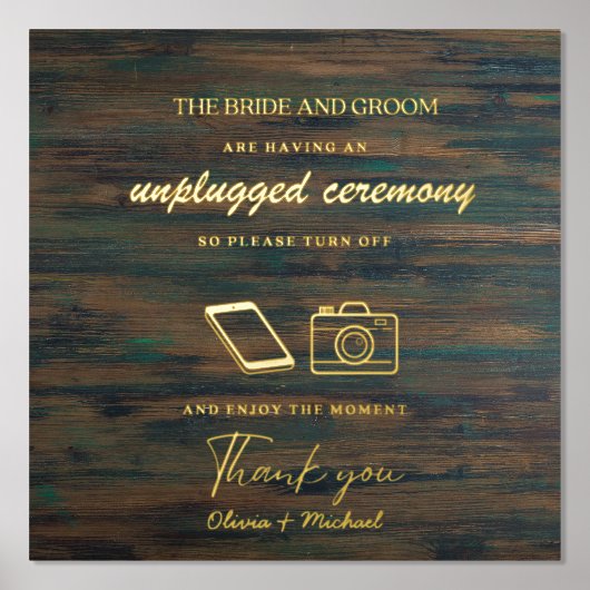 Custom Unplugged Zeremonie Wedding Sign WOOD GOLD Foliendrucke (Vorderseite)