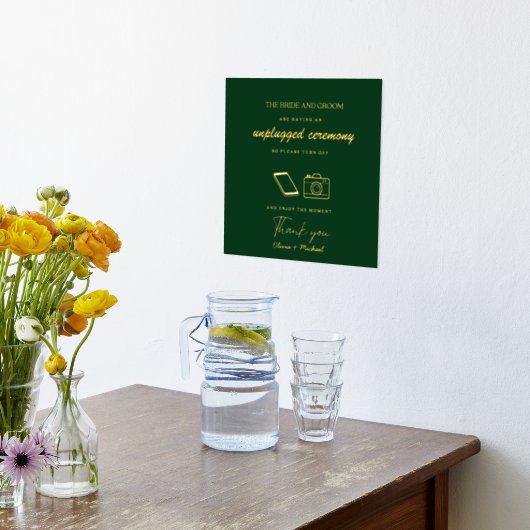 Custom Unplugged Zeremony Wedding Sign GREEN GOLD Foliendrucke (Ablage(Küche))