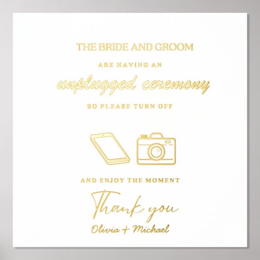 Custom Unplugged Zeremony Wedding Sign Real Foil Foliendrucke (Vorderseite)