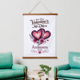 Custom Unser erster Valentinstag Mr. & Mrs. Wandteppich Mit Holzrahmen