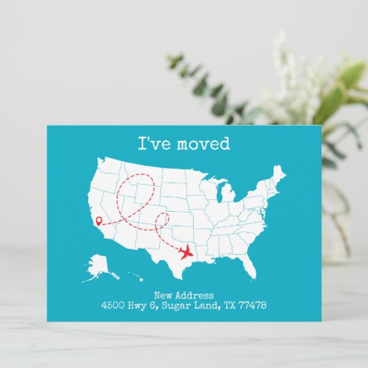Custom USA Map Türkise "I ve Moved" Ankündigung (Stehend Vorderseite)