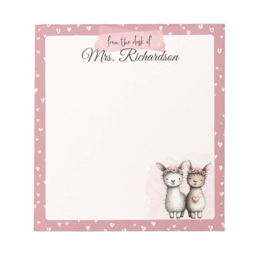 Custom Valentine Notepad Cute Pink Llama & Hearts Notizblock (Vorderseite)