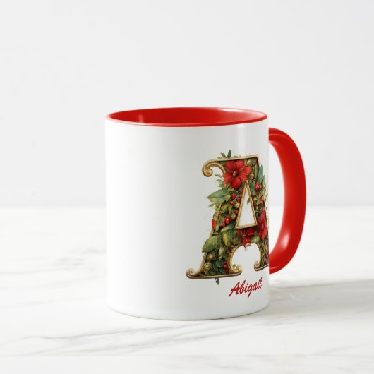Custom Verziert Monogram A Christmas Red Gold Tasse (VorderseiteRechts)