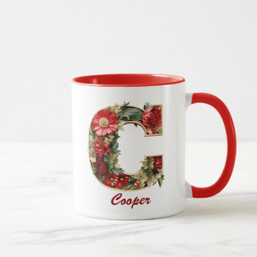 Custom Verziert Monogram C Christmas Red Gold Tass Tasse (Rechts)
