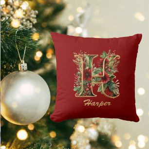 Custom Verziert Monogram H Christmas Red Gold Kissen