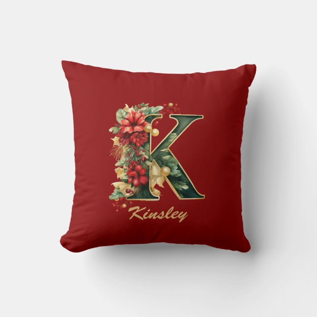 Custom Verziert Monogram K Christmas Red Gold Kissen (Vorderseite)