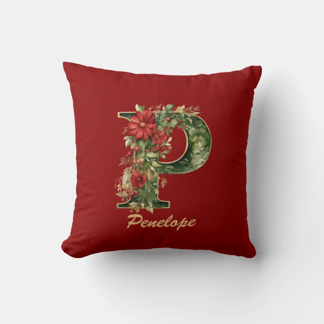Custom Verziert Monogram P Christmas Red Gold Kissen (Vorderseite)