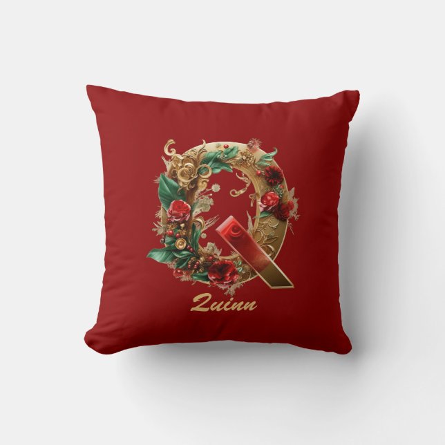 Custom Verziert Monogram Q Christmas Red Gold Kissen (Vorderseite)