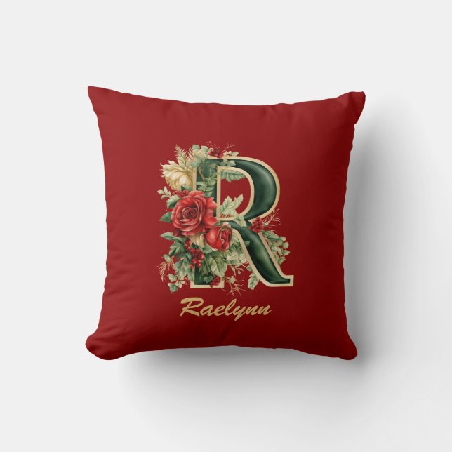 Custom Verziert Monogram R Christmas Red Gold Thro Kissen (Vorderseite)