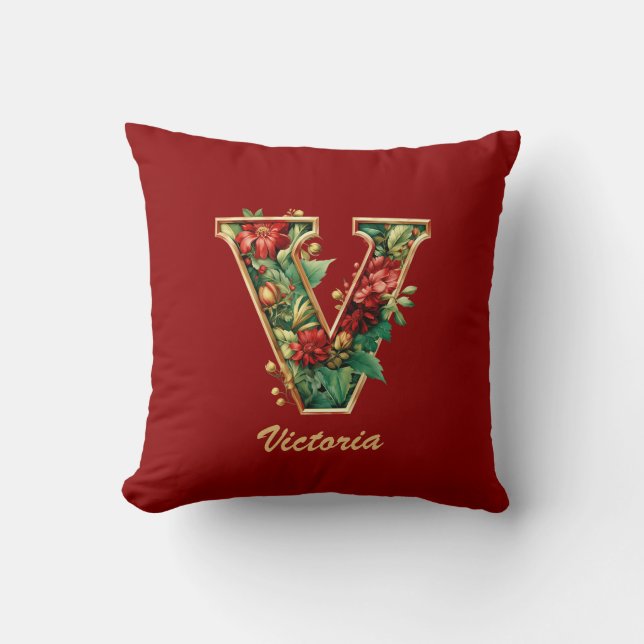 Custom Verziert Monogram V Christmas Red Gold Thre Kissen (Vorderseite)