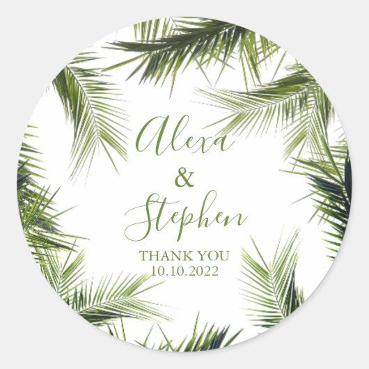 Custom Vielen Dank Palm Blätter Tropical Wedding Runder Aufkleber (Vorderseite)