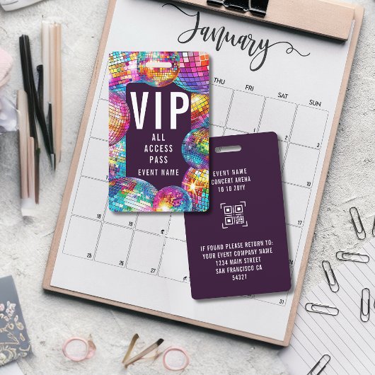 Custom VIP All Access Pass QR Code Disco Ball Ausweis