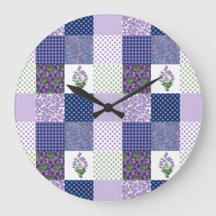 Custom Wall Clock, Imitate-Patchwork-Violets-Muste Große Wanduhr
