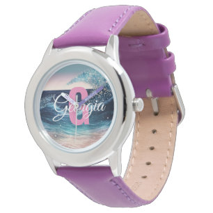 Custom Wassercolor Blue Ocean Wave   Funny Monogra Armbanduhr
