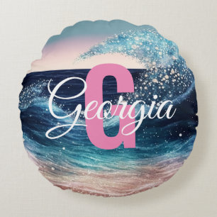 Custom Wassercolor Blue Ocean Wave Funny Monogra Rundes Kissen