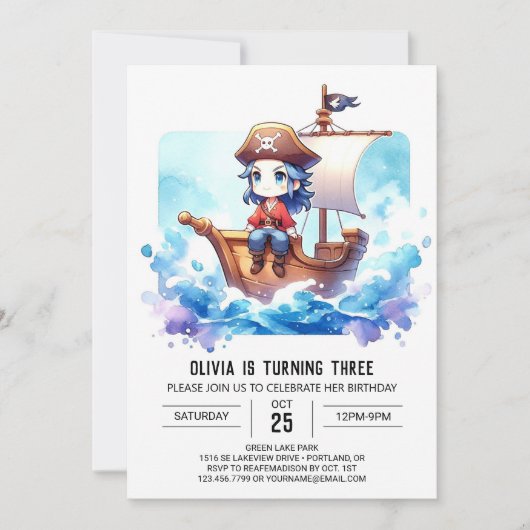 Custom Wassercolor Pirate Birthday Einladung (Vorderseite)