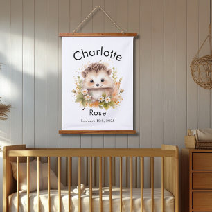 Custom Watercolor Baby Igel Name & Geburtsdatum Wandteppich Mit Holzrahmen