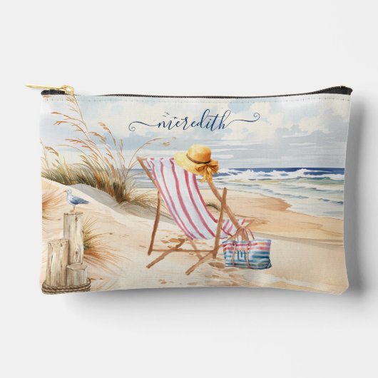 Custom Watercolor Beach Scene Mongoram Name Zubehörtasche (Vorderseite)